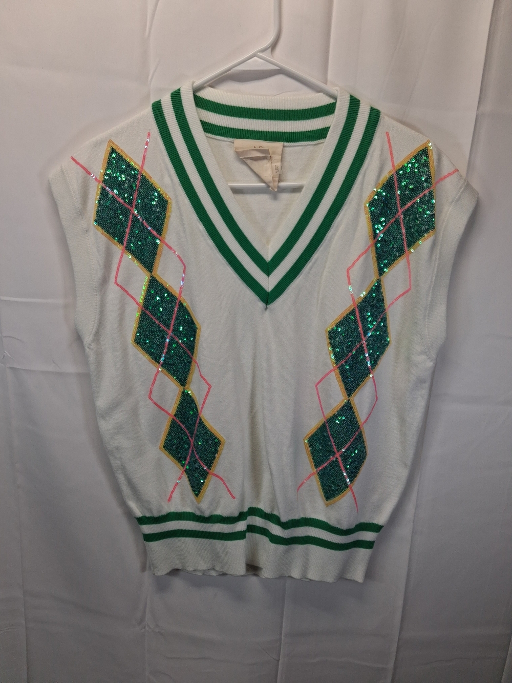 Fantastic Fawn White V-Neck Sweater Vest with Green Trim and Sequin Argyle
